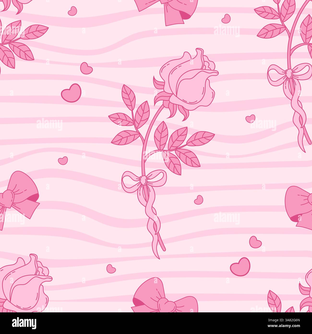 Vintage Coquette Seamless motif Rose rose avec ruban Bow sur fond Groovy Distorted Stripe. Romantique Rose Girly Vibe. Motif esthétique tendance Illustration de Vecteur