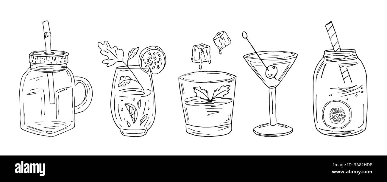 Un ensemble de verres pour smoothies de fruits et légumes, avec des morceaux d'ingrédients, des tubes et de la glace. Illustrations vectorielles dans le style doodle de cocktails sains, boissons détox diététiques. Illustration de Vecteur
