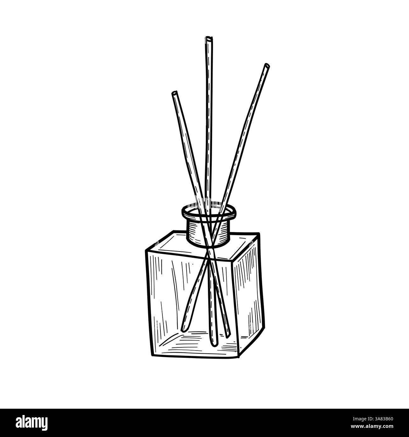 Diffuseur de roseau minimal dans le croquis de bouteille, idéal pour la marque de spa, les icônes de parfum, l'emballage de parfum à la maison, et les visuels de produit slow living Illustration de Vecteur