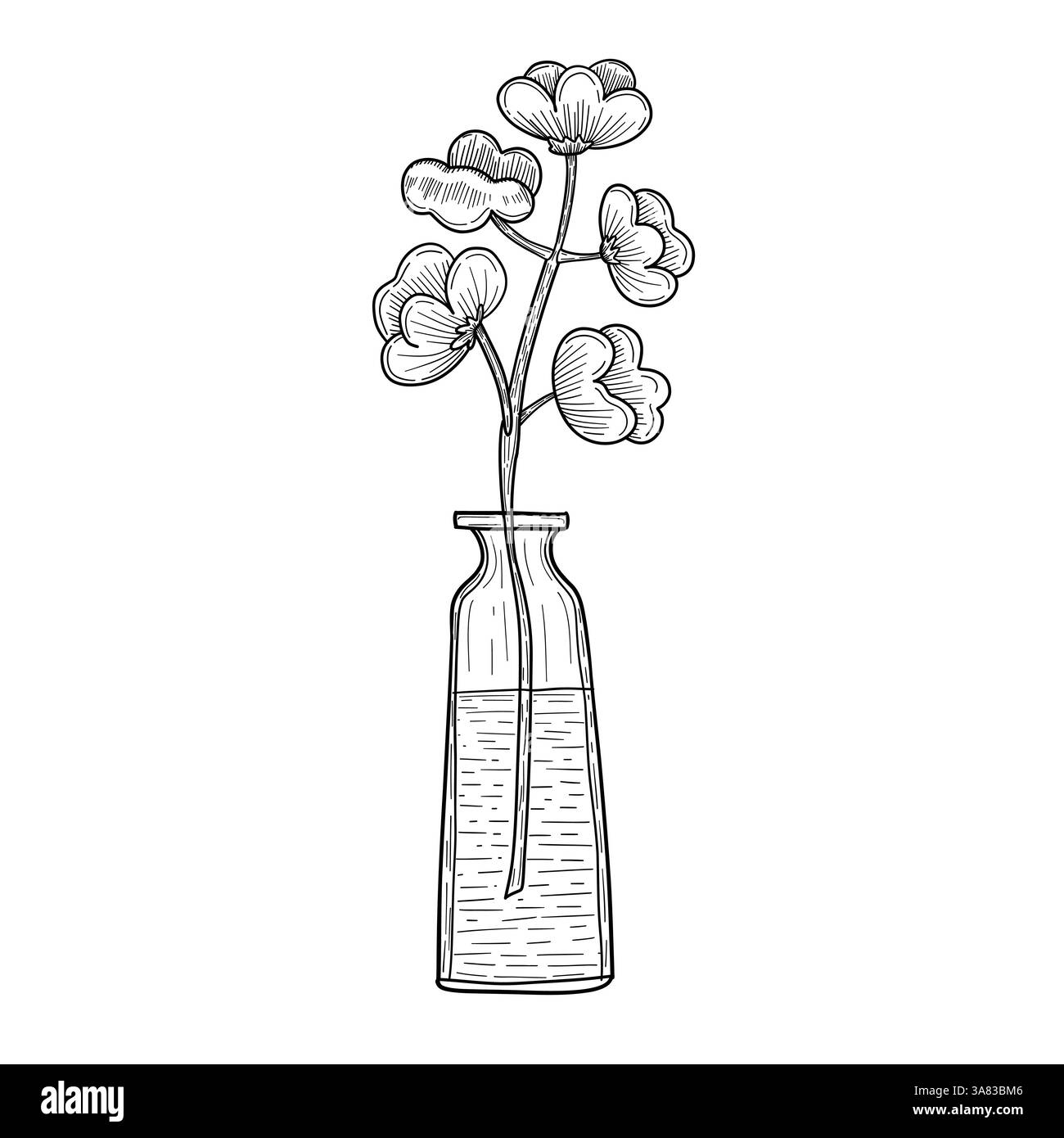 Fleur botanique délicate dans un croquis de vase en verre parfait pour la décoration de spa, les intérieurs calmes, les visuels d'aromathérapie, ou les illustrations minimalistes élégantes Illustration de Vecteur