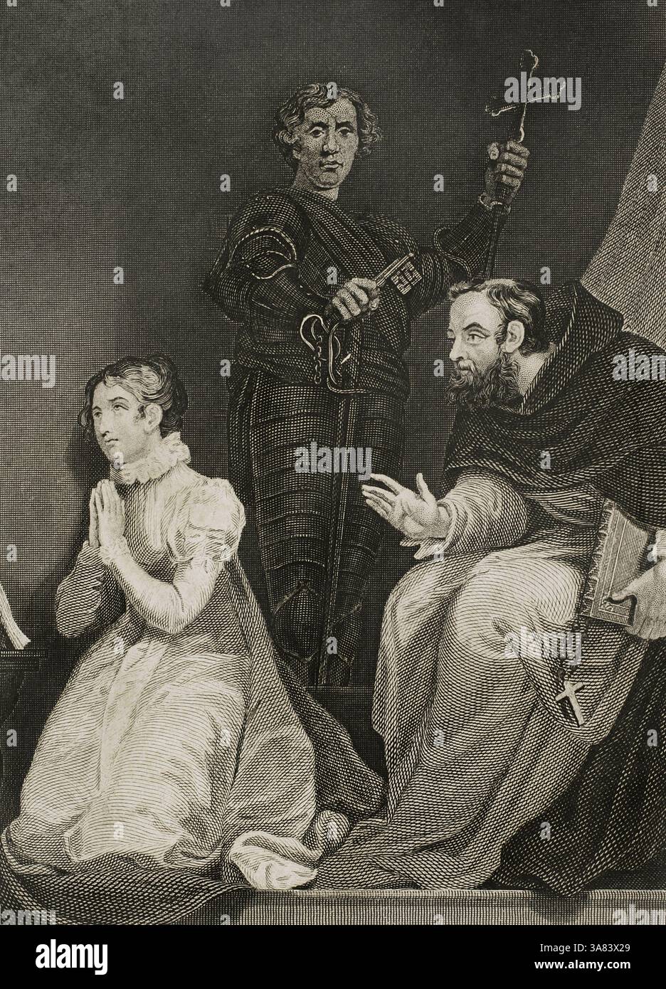 Lady Jane Grey (1537-1554) Noble anglaise proclamée reine d'Angleterre et d'Irlande le 10 juillet 1553, ne régnant que neuf jours avant d'être déposée par le Conseil privé d'Angleterre, qui proclame sa cousine, Marie Ire (Marie Tudor), nouvelle reine le 19 juillet 1553. Grey est accusée de haute trahison, avec son mari, deux de ses frères et l'ancien archevêque de Cantorbéry, Thomas Cranmer, pour avoir assumé avec tristesse le titre de reine et les pouvoirs inhérents à celui-ci. Elle est décapitée le 12 février 1554. Entretien de Feckenham avec Lady Jane Gray dans la Tour. Gravure. Bonjour Banque D'Images