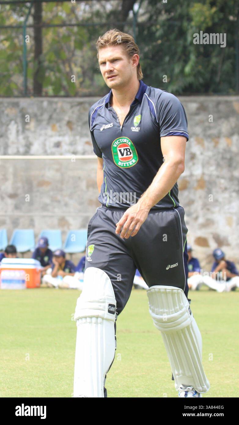 NEW DELHI, INDE - 20 MARS : le joueur de cricket australien Shane Watson lors d'une séance d'essais avant le quatrième match test contre l'Inde à New Delhi. (Photo de Pankaj Nangia/India Today Group) *** légende locale *** Shane Watson (image crédit : © India Today/ZUMAPRESS.com) Banque D'Images