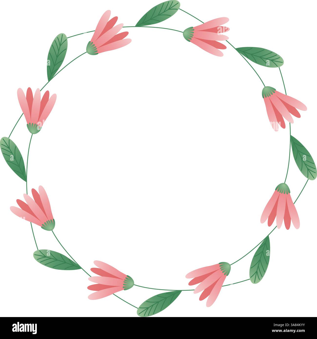 Couronne florale avec fleurs roses et feuilles vertes. Cadre circulaire fleuri orné de fleurs roses. Pour invitation de mariage, carte de voeux, et d décoratif Illustration de Vecteur