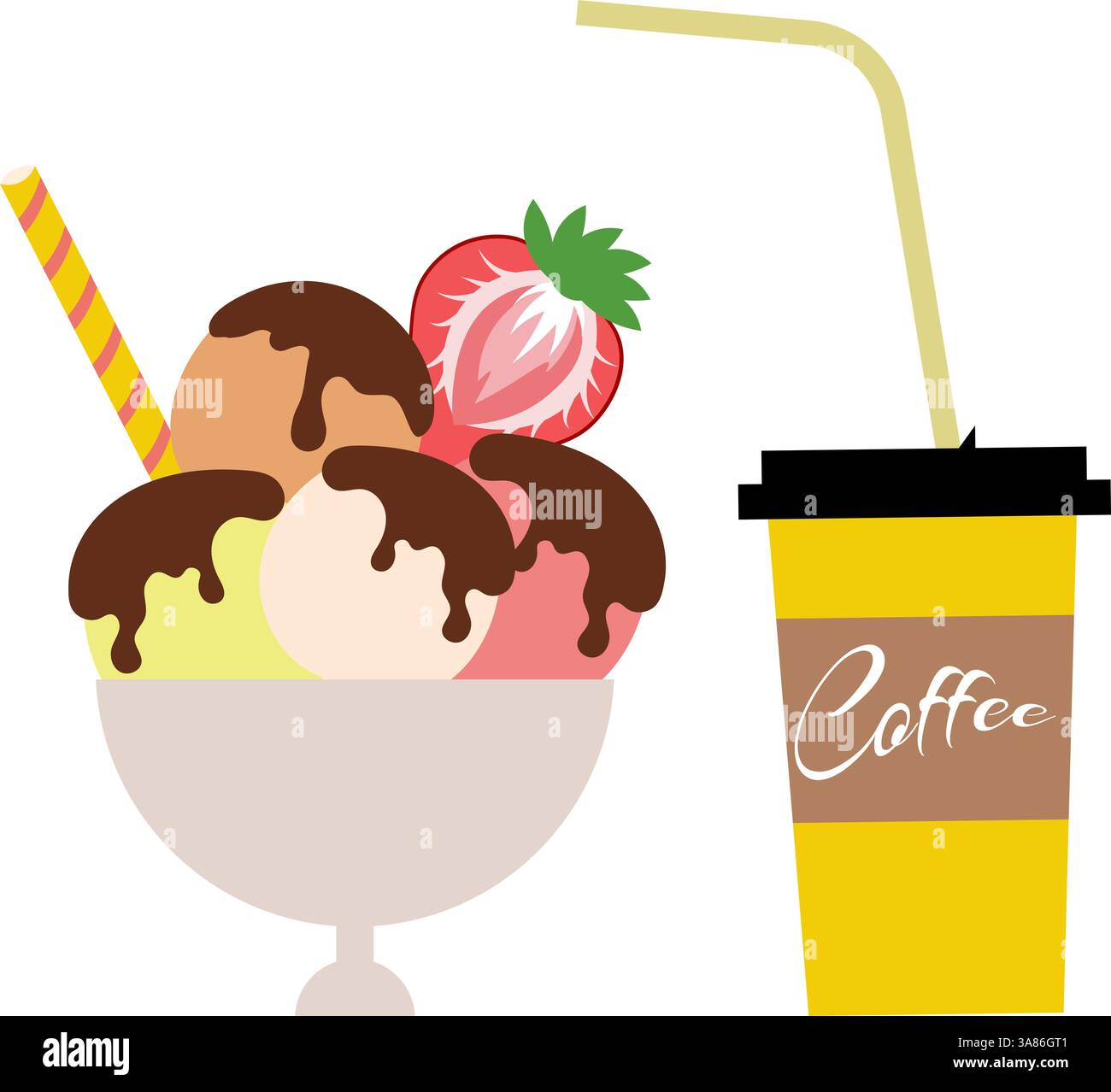 Collection de crème glacée. Boules de crème glacée aux fruits avec du chocolat dans une crème glacée et un bol à café. Illustration vectorielle, isolée sur fond blanc. Illustration de Vecteur