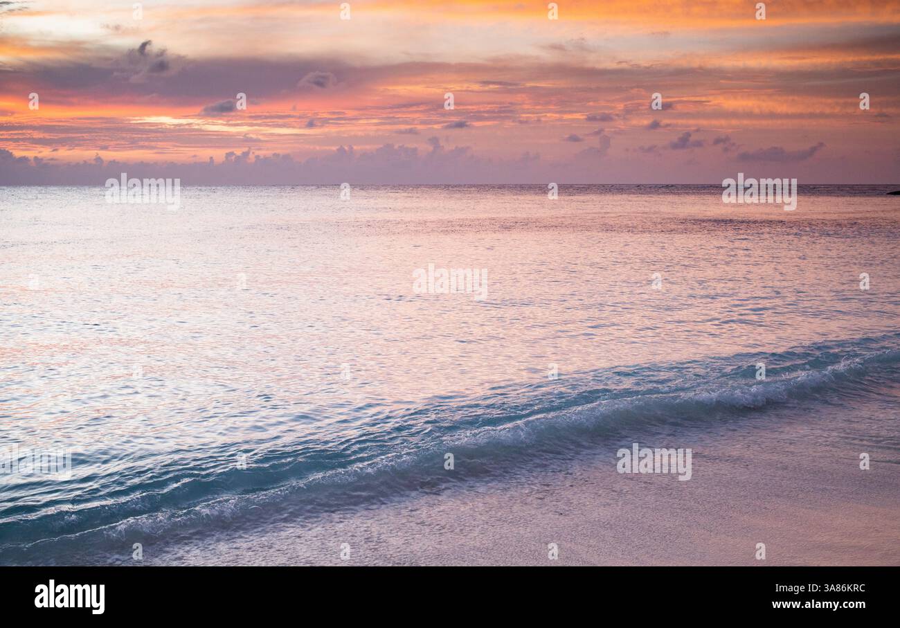 Incroyable coucher de soleil sur la mer, plage tropicale, Maldives, Océan Indien Banque D'Images