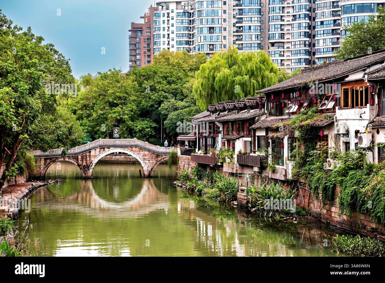 Ancien pont sur une partie du Grand canal avec des bâtiments patrimoniaux le long des rives sur Xiaohe Street (Little River Street), Hangzhou, province du Zhejiang, Chine Banque D'Images Ancien pont sur une partie du Grand canal avec des bâtiments patrimoniaux le long des rives sur Xiaohe Street (Little River Street), Hangzhou, province du Zhejiang, Chine Banque D'Images