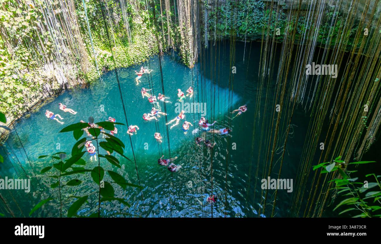 Personnes nageant dans la piscine de gouffre de calcaire, Cenote Ik kil, piste, Yucatan, Mexique, Amérique du Nord Banque D'Images Personnes nageant dans la piscine de gouffre de calcaire, Cenote Ik kil, piste, Yucatan, Mexique, Amérique du Nord Banque D'Images