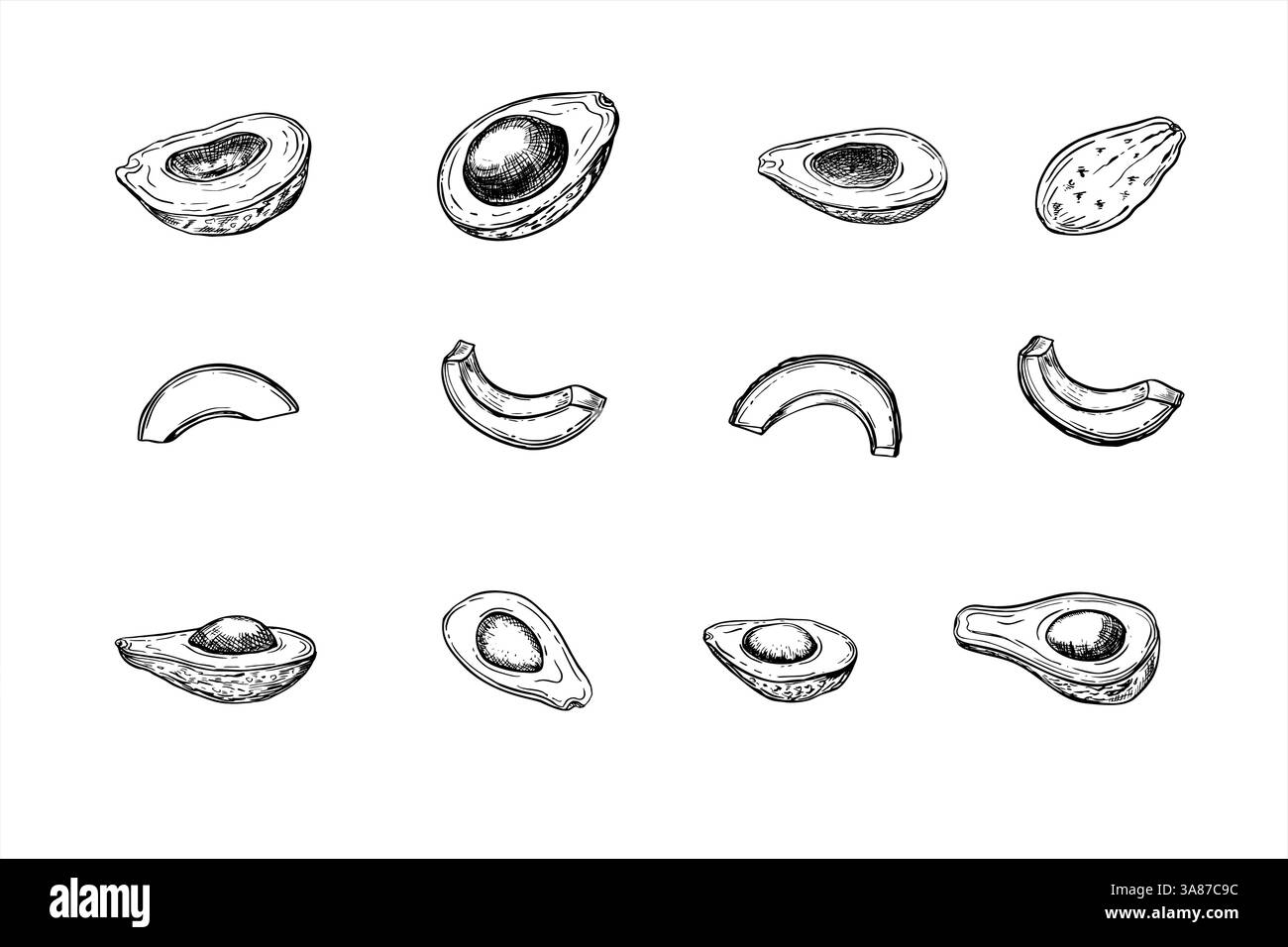 Set avocat. Entier, moitié avec et sans fosse, tranche fruit Fresh line art en noir et blanc. Illustration vectorielle de fruits monochromes pour une alimentation saine Illustration de Vecteur Set avocat. Entier, moitié avec et sans fosse, tranche fruit Fresh line art en noir et blanc. Illustration vectorielle de fruits monochromes pour une alimentation saine Illustration de Vecteur