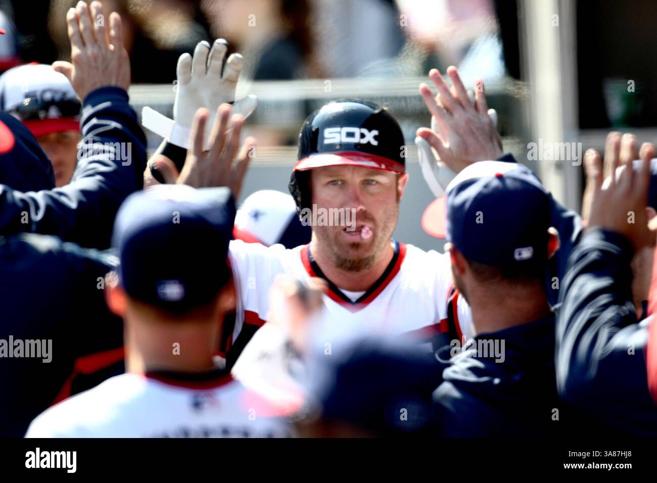 21 avril 2013 - Chicago, il, États-Unis - Adam Dunn des White Sox de Chicago célèbre son premier coup de fil en solo en 7e manche contre les Twins du Minnesota au Cellular Field à Chicago, Illinois, dimanche 21 avril 2013. (Crédit image : © Nancy Stone/MCT/ZUMAPRESS.com) Banque D'Images