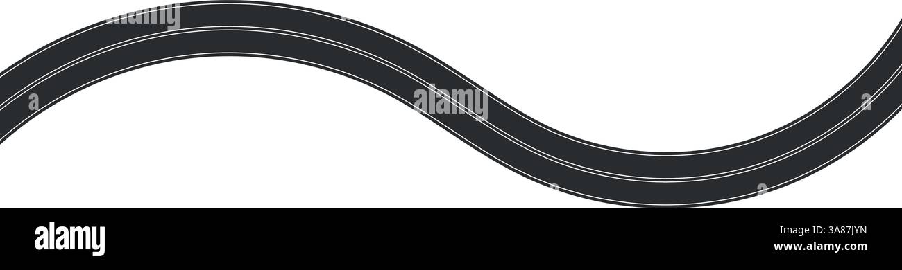 Vue aérienne de dessus de la route sinueuse, chemin d'autoroute courbe avec marquage des voies, piste de course ou élément de carte de rue, texture d'asphalte dans le style de dessin animé. Plat Vect Illustration de Vecteur