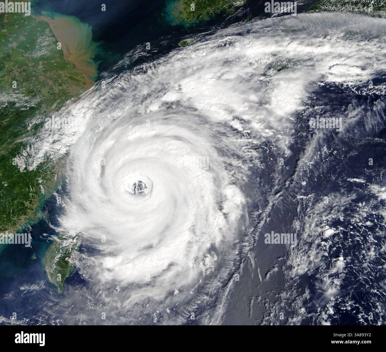 16 septembre 2017 - bassin du Pacifique Nord-Ouest - image publiée aujourd'hui : typhon Talim : le sixième typhon de l'année du bassin du Pacifique Nord-Ouest devrait frapper le Japon plus tard cette semaine. MODIS sur le satellite Terra de la NASA a capturé cette image du typhon Talim dans la mer de Chine orientale à 10h15 heure locale (2h15 heure universelle) le 14 septembre 2017. À cette époque, le typhon Talim avait des vents soutenus maximaux de 115 nœuds (130 milles ou 210 kilomètres à l'heure) équivalant à un ouragan de catégorie 4, alors qu'il se déplaçait vers le nord le long des côtes chinoises. Les prévisionnistes s'attendaient à ce que la tempête se courbe vers le nord-est et soit faible Banque D'Images
