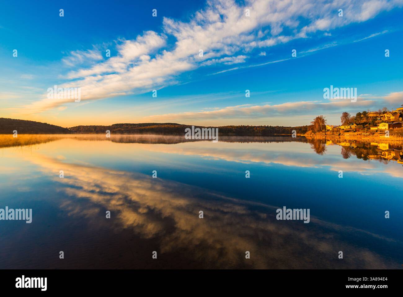 La lumière du matin orne un lac suédois tranquille, créant des reflets parfaits dans l'eau calme. Des nuages doux dérivent à travers le ciel, améliorant le calme Banque D'Images
