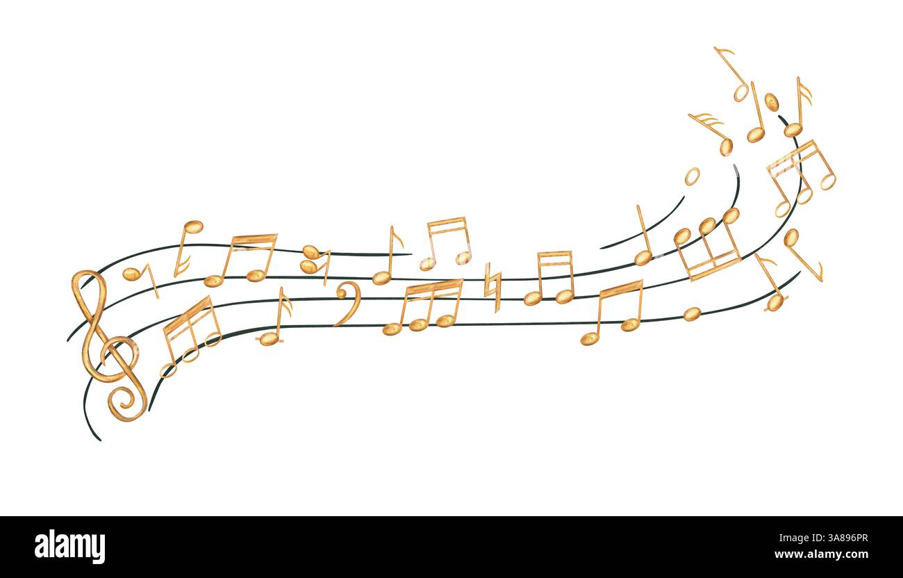Notes de musique dorées sur fond isolé d'illustration d'aquarelle de personnel noir. Symboles sonores volants sur la portée ondulante pour la marque de musique, éducatif Banque D'Images