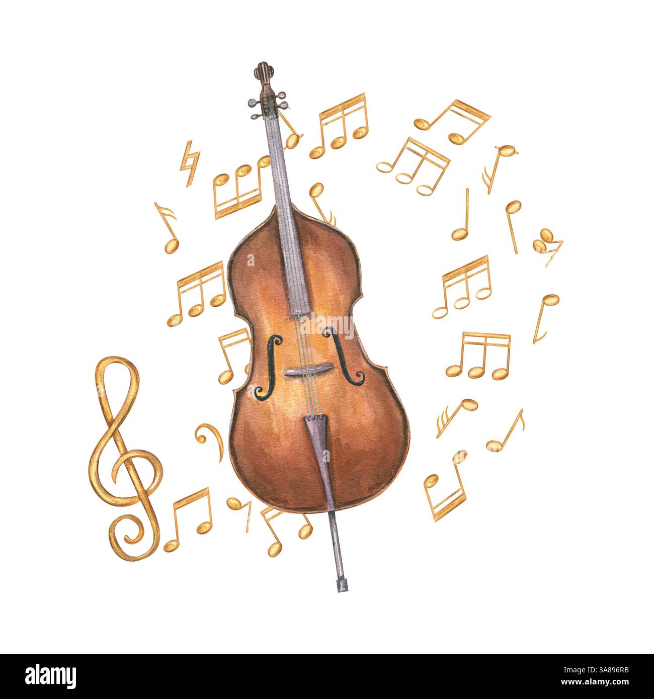 Aquarelle en bois contrebasse brun et volant notes de musique magique illustration arrière-plan isolé. Contrebasse arquée classique avec stand jazz Banque D'Images