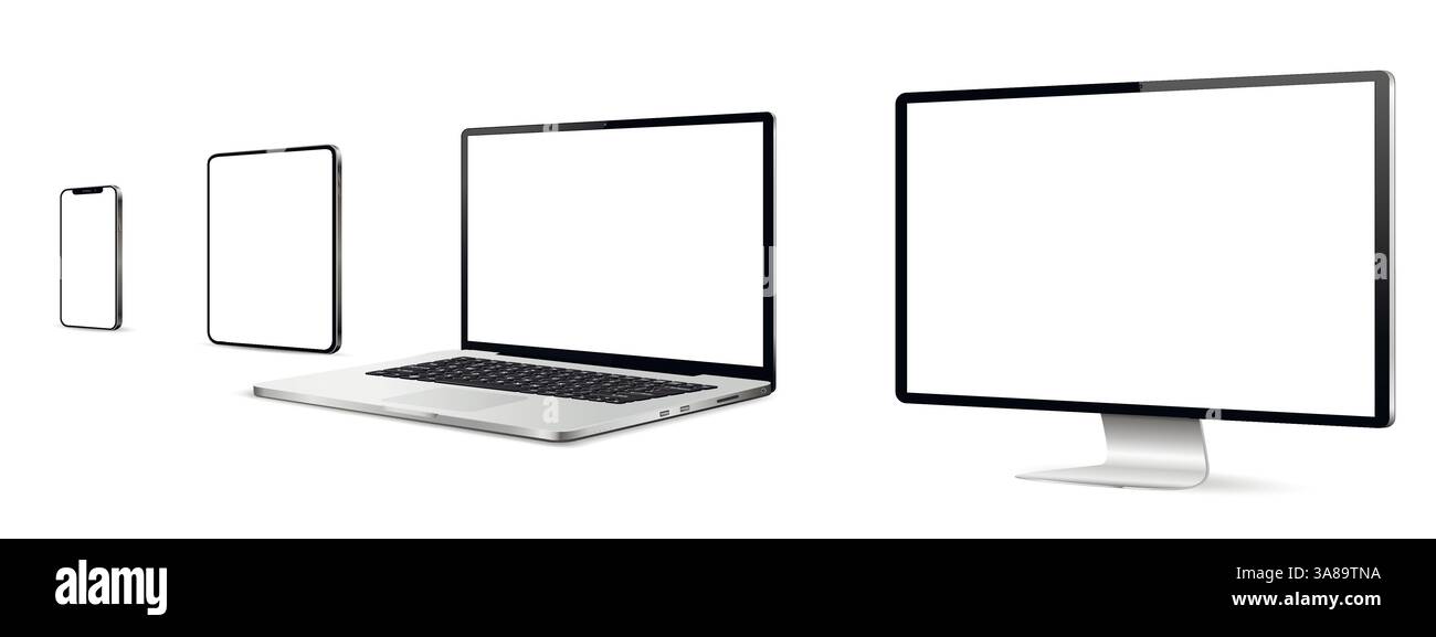 Ensemble réaliste de moniteur, ordinateur portable, tablette, smartphone. Illustration vectorielle. Illustration de Vecteur