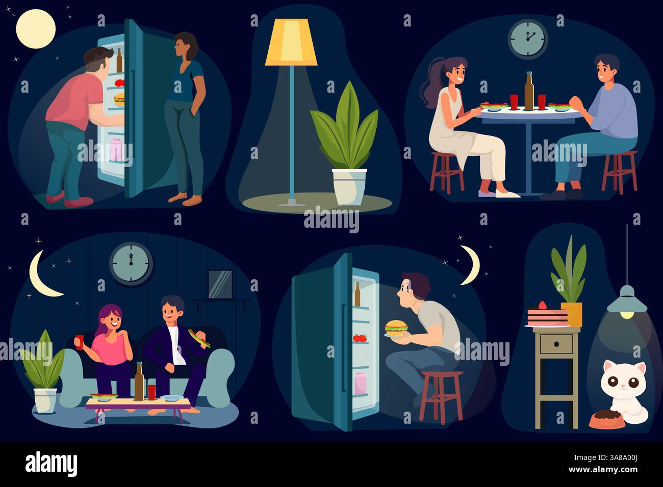 Ensemble vectoriel d'illustrations de repas de nuit au format EPS. Les gens appréciant des collations tard dans la nuit dans divers scénarios. Idéal pour les conceptions liées à l'alimentation, le plus Lift Illustration de Vecteur