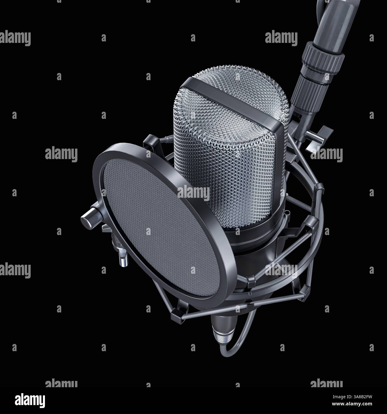 microphone avec filtre pop sur fond noir 3d. Banque D'Images