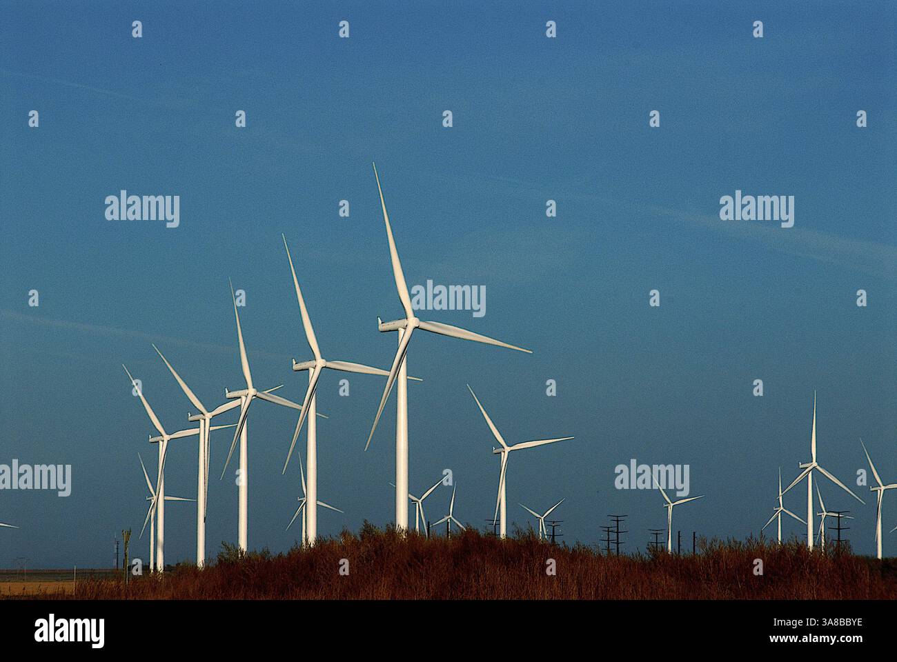 24 octobre 2014 - Spearville, Kansas, États-Unis d'Amérique - Spearville, Kansas, États-Unis, 24 octobre 2014.en 2006, la centrale éolienne de Kansas City Power & Light Spearville de 5 000 acres est devenue le troisième parc éolien du Kansas. Le parc éolien de 100,5 mégawatts de 160 millions de dollars compte 67 turbines qui produisent assez d'électricité pour alimenter 33 000 foyers. Les éoliennes GE Energy de 1,5 mégawatts sont montées sur des tours de 80 mètres et alimentent un système de collecte électrique souterrain. Les turbines du parc éolien de Spearville sont conçues pour s'allumer lorsque la vitesse du vent atteint 8 mph, point auquel le Banque D'Images