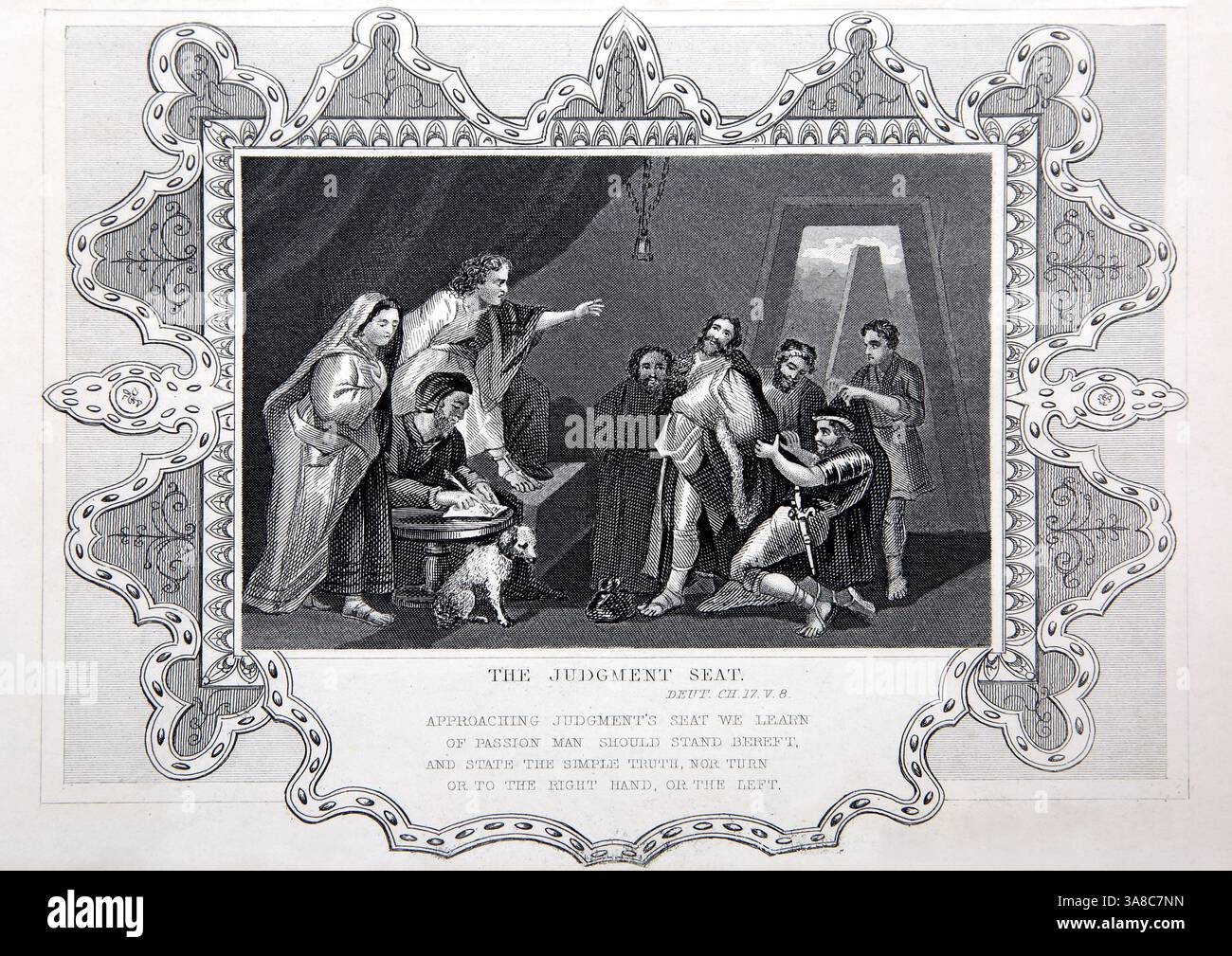 Gravure en acier du siège du jugement - cours de droit présidées par le juge et un prêtre de Alexander Fletcher Circa 1860 Banque D'Images