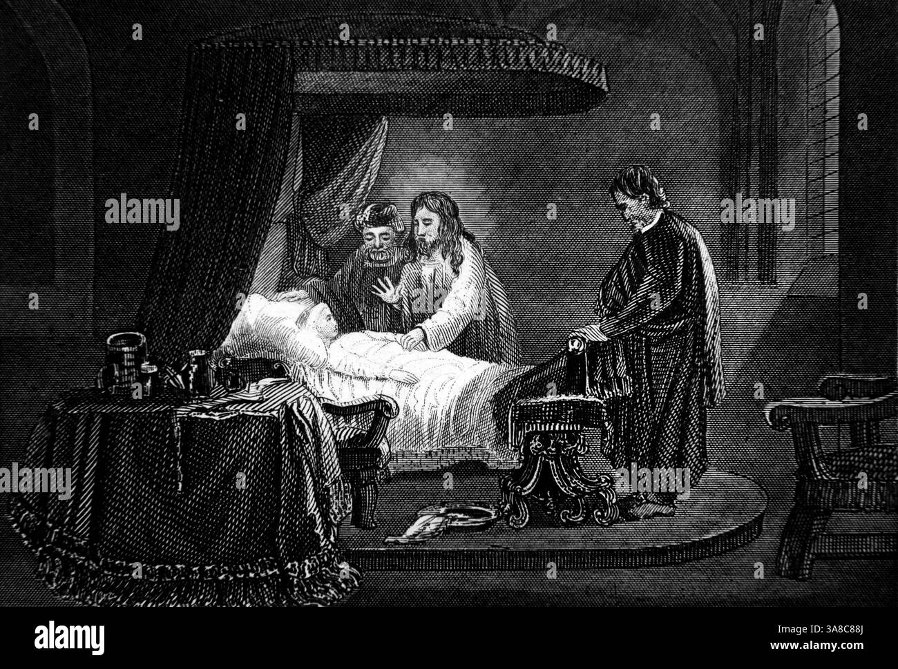 Gravure sur acier de Jésus-Christ élevant Jairus Daughter (Evangile) d'Alexander Fletcher Circa 1860 Banque D'Images Gravure sur acier de Jésus-Christ élevant Jairus Daughter (Evangile) d'Alexander Fletcher Circa 1860 Banque D'Images