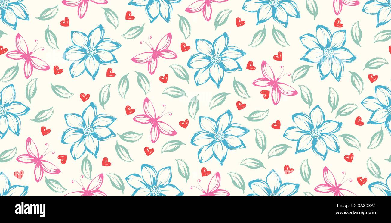 Motif sans couture avec des fleurs dessinées à la main au crayon et des papillons avec des couleurs pastel. Plantes botaniques peintes à la main avec texture grunge Illustration de Vecteur