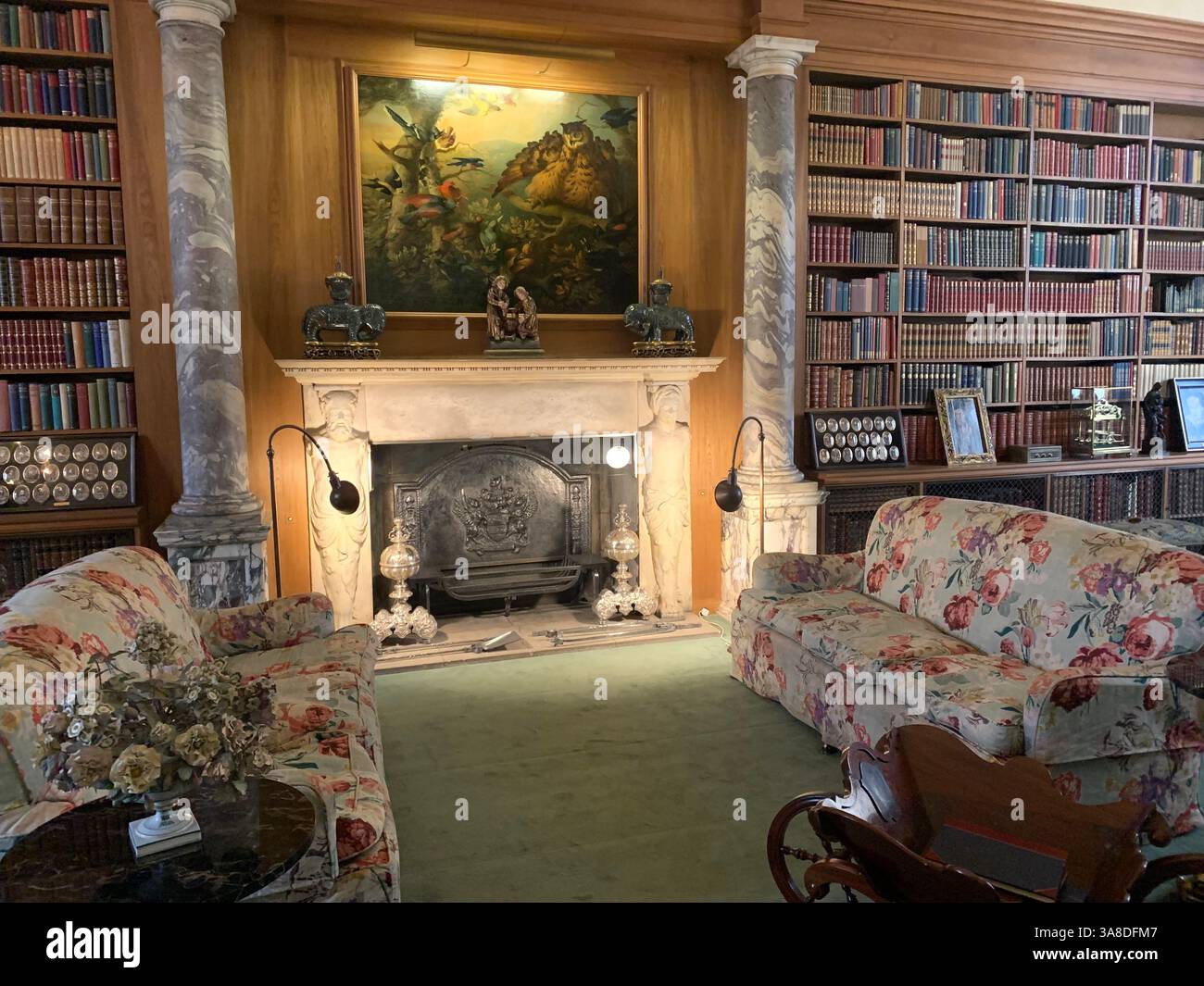 Anglesey Abbey Cambridgeshire Royaume-Uni Angleterre Hall bibliothèque stand photos tapis tapis décorations bibliothèque Mary Queen of Scots Henry the huitième - Image de stock capturée avec un smartphone
