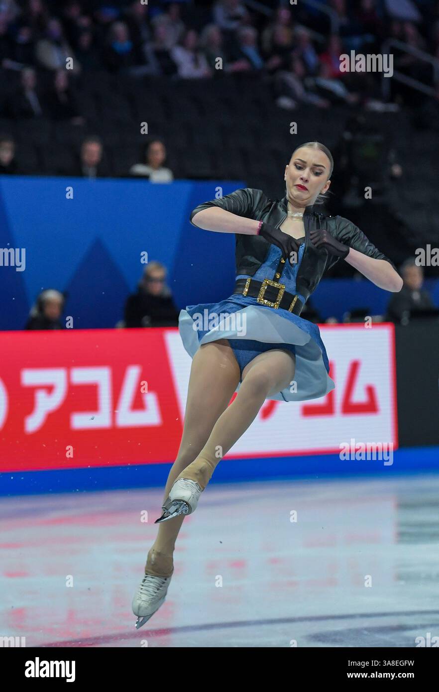 Boston, États-Unis. 28 mars 2025. Alexandra Feigin, de Bulgarie, se produit dans le programme de patinage libre féminin lors des Championnats du monde de patinage artistique ISU qui se tiennent au TD Garden à Boston, le 28 mars 2025. Photo par Amanda Sabga/UPI crédit : UPI/Alamy Live News Banque D'Images