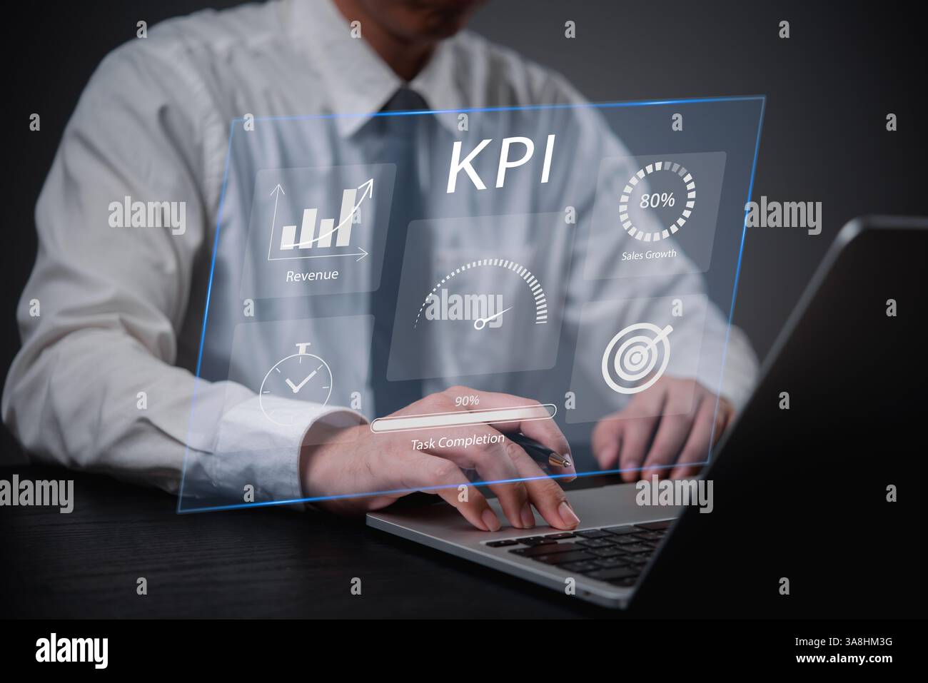 Tableau de bord indicateurs clés de performance des indicateurs clés de performance affichant les métriques, l'analyse des données et les résultats de performance dans un contexte métier. planification à l'aide d'un outil numérique Banque D'Images