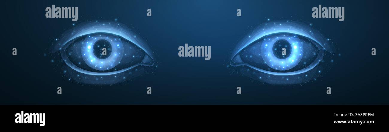 Oeil humain sur fond bleu. Concept ophtalmologique, technologie oculaire, vision numérique. Illustration de Vecteur