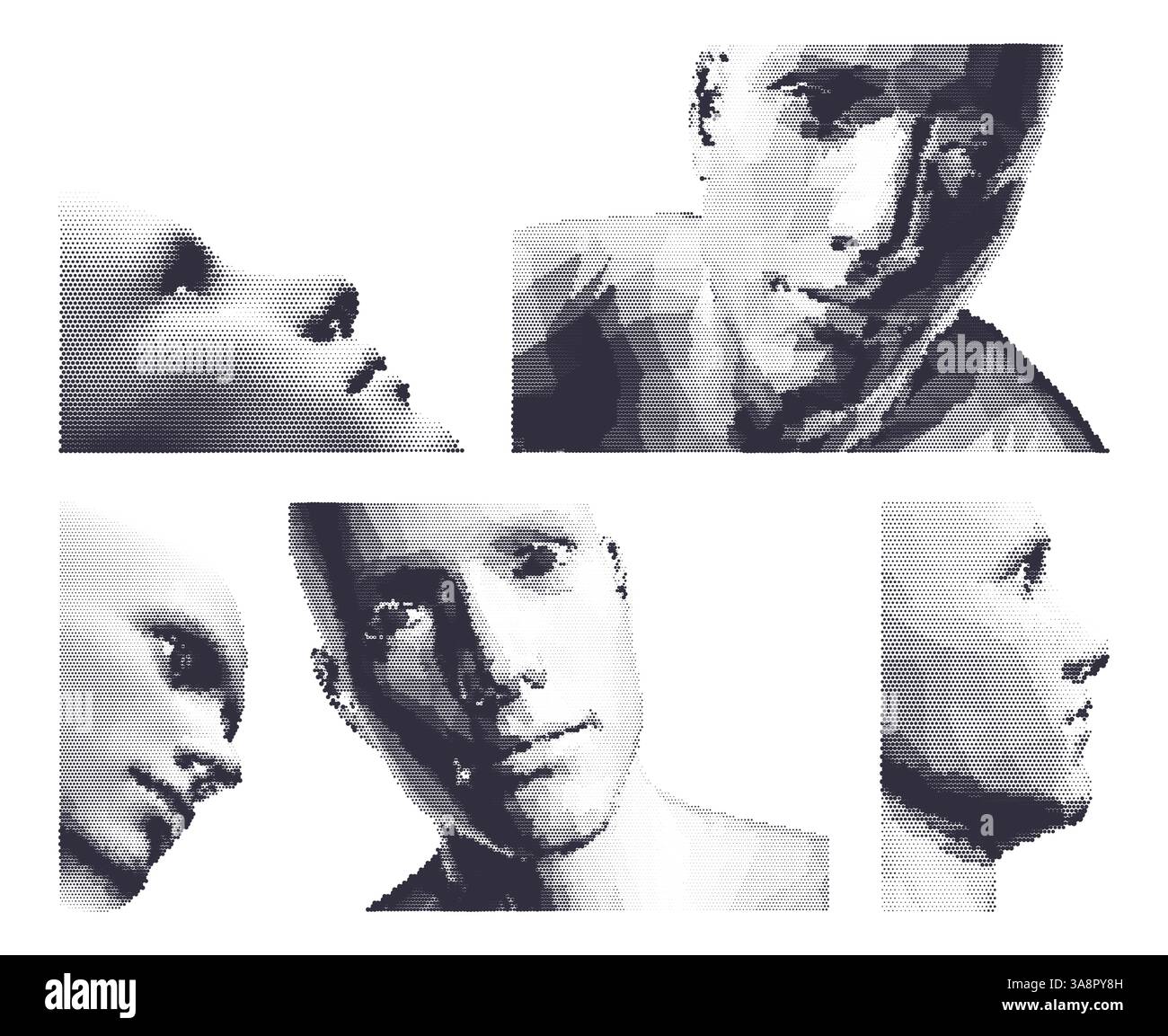 Tête d'homme abstraite faite de points. Reconnaissance faciale. Portrait rapproché d'un homme. Vision numérique. Technologie de sécurité et surveillance. Pixel à optimiser en 3D. Illustration de Vecteur