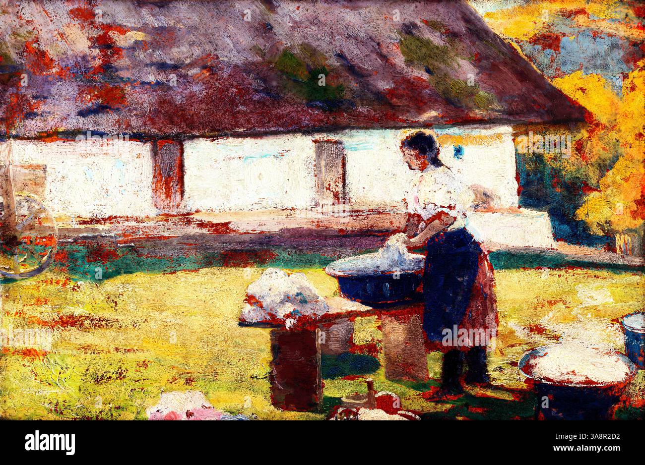 Machine à laver devant l'arbre par Lajos Csordak, 1910–1915 – scène rurale avec équipement de blanchisserie, peinture impressionniste slovaque, domaine public Hi Banque D'Images