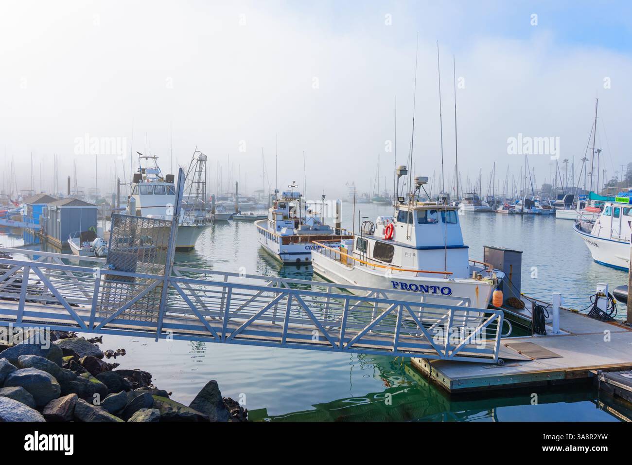 Oceanside, Californie - 3 janvier 2025 : scène tranquille d'Oceanside Harbor en Californie, avec des bateaux de pêche amarrés gracieusement sous un mor brumeux Banque D'Images