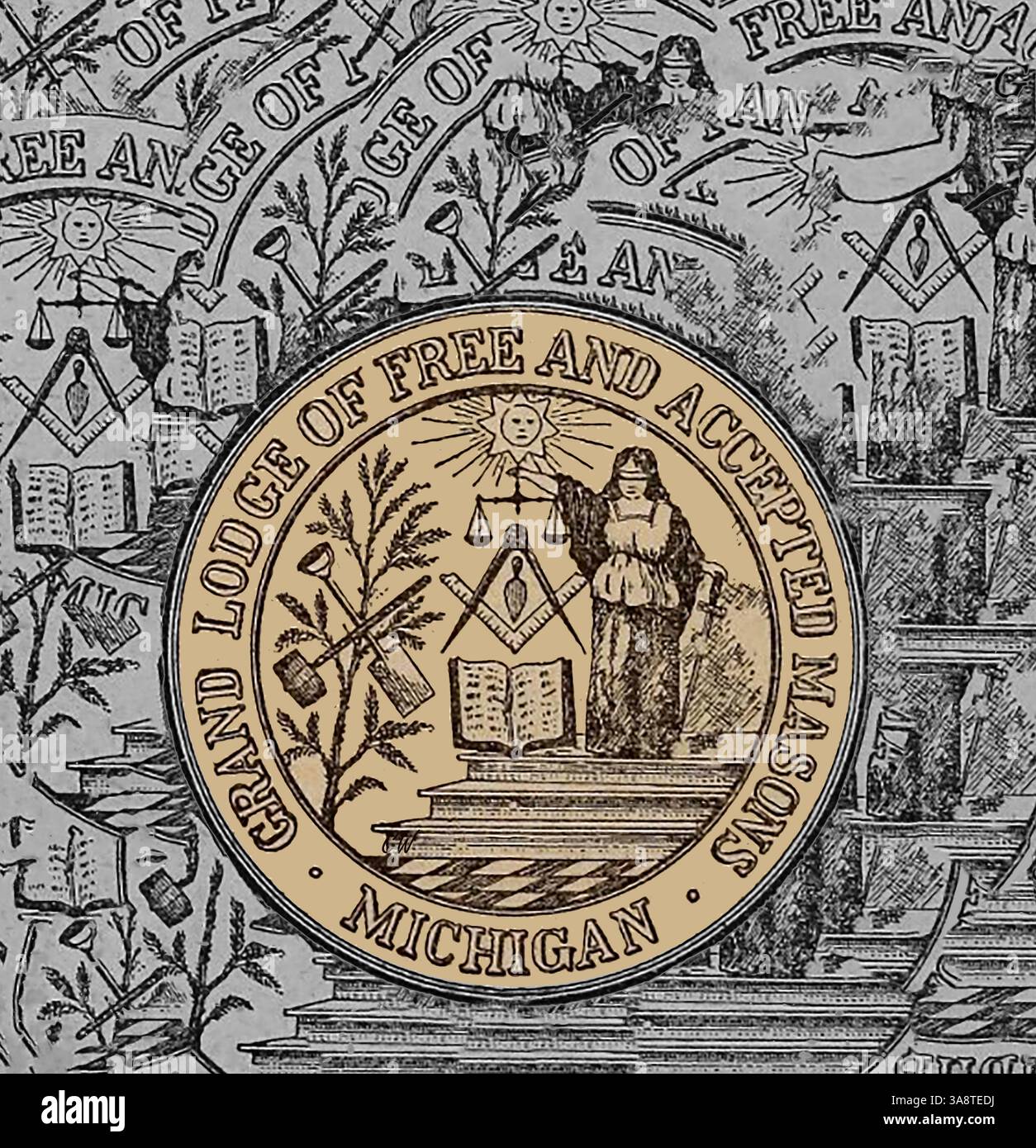 1895 illustration du sceau / logo de la Grande Loge des maçons libres et acceptés du Michigan USA. On dit que certains des symboles représentent la justice aveugle, la connaissance, le pouvoir, l'effort et le soleil levant Banque D'Images