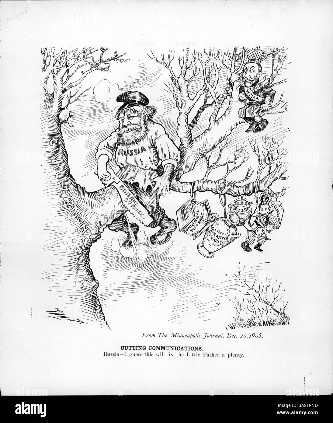 Cette illustration montre la Russie utilisant une scie étiquetée « grève générale » pour couper une branche de « l'arbre de civilisation », symbolisant les efforts du pays pour retirer le tsar du pouvoir. Malgré diverses réformes, les travailleurs russes ont continué à appeler à une grève générale, visant à abolir la monarchie. Banque D'Images