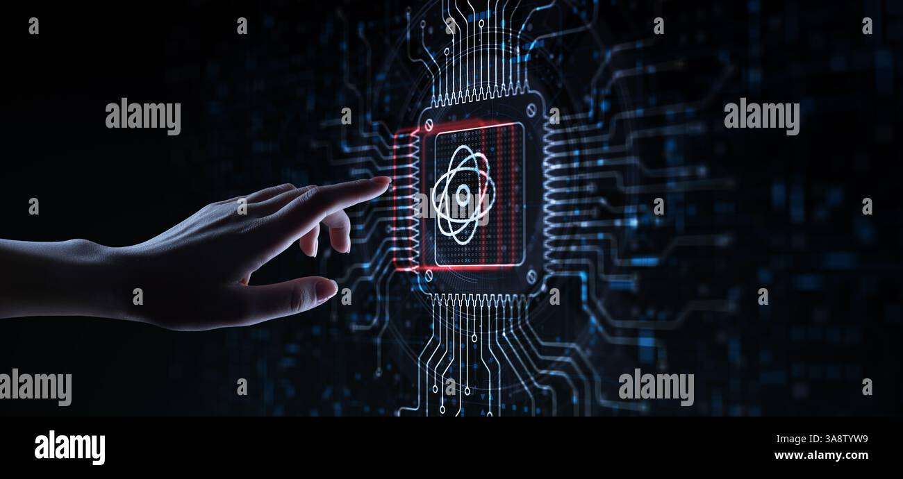 L'informatique quantique révolutionne le traitement de l'information illustré sur un processeur touché par une main humaine. Banque D'Images