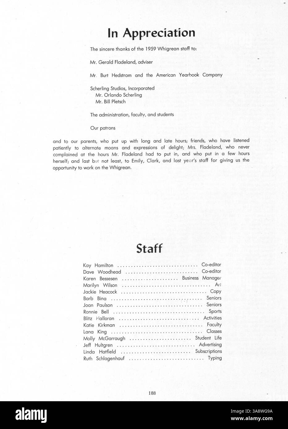 Cet Edina-Morningside High Yearbook 1959 documente les événements scolaires clés, l'athlétisme, la vie étudiante, les contributions des enseignants et les activités des clubs au cours de l'année scolaire 1958-1959/09. Banque D'Images