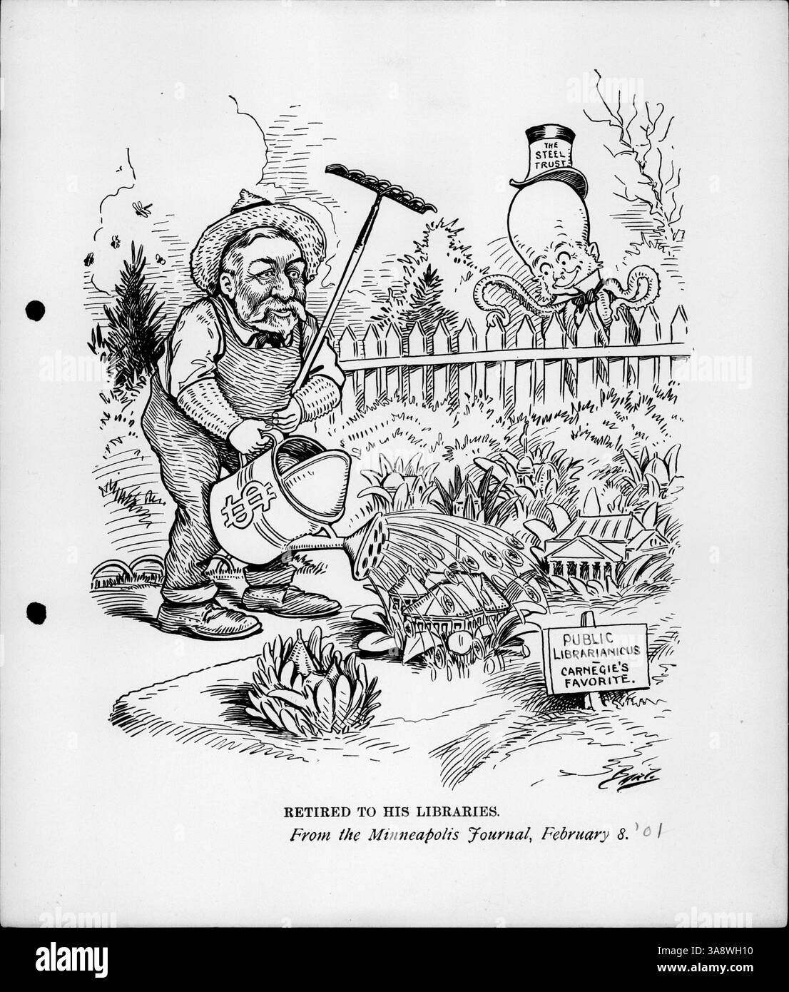 Andrew Carnegie, célèbre philanthrope, s’occupe de son jardin tout en finançant des bibliothèques publiques à travers le pays, présentées ici dans le cadre de son héritage dans la création de bibliothèques. Banque D'Images