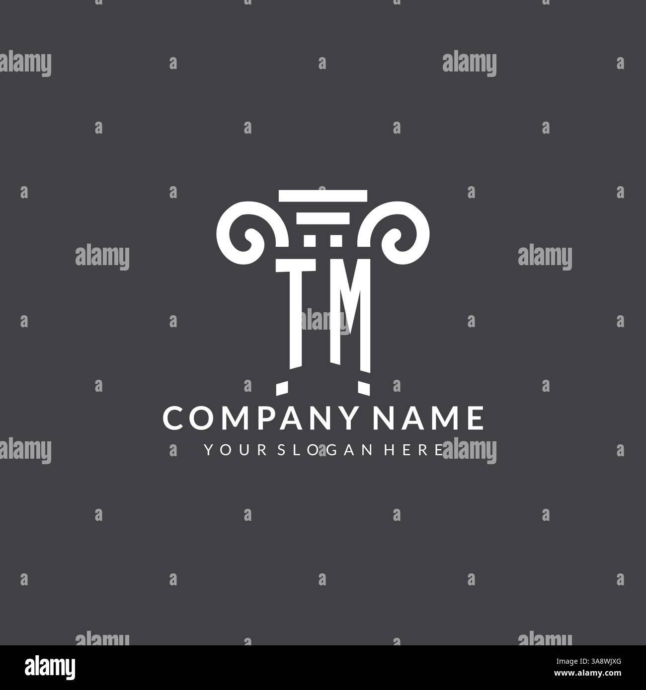 Logo Monogram TM pour cabinet d'avocats avec icône pilier dans un graphique vectoriel de style géométrique moderne et créatif Illustration de Vecteur