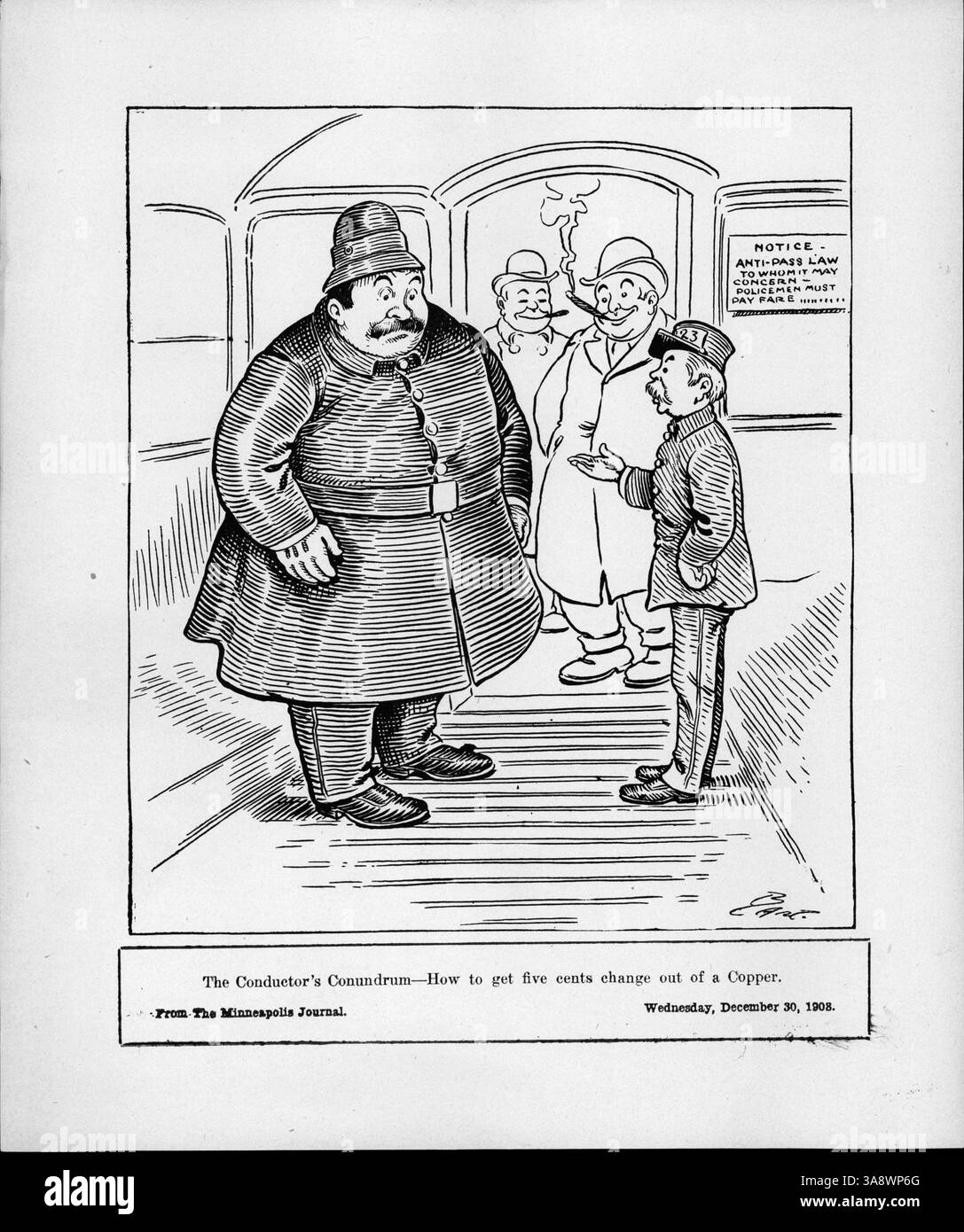 Cette image illustre un chef d'orchestre tenant la main d'un policier pour payer son billet dans un tramway. La légende fait référence au terme « cuivre », à la fois pour le policier et les pièces de cuivre utilisées à l'époque. Banque D'Images