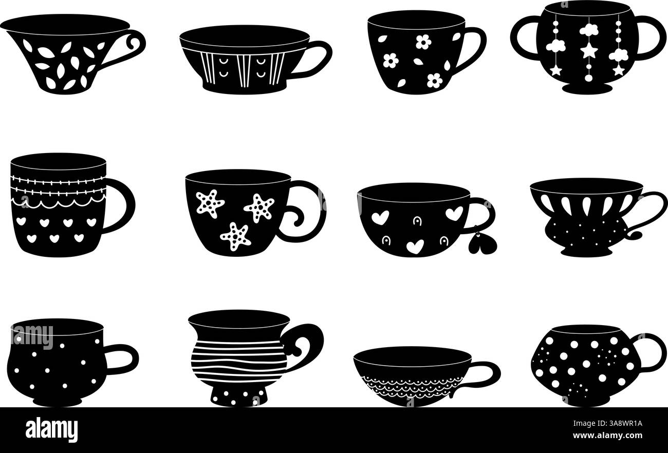 Tasses décoratives icônes noires. Symboles de tasse isolés avec décorations. Thé et café, éléments de vaisselle design vintage. Jeu de vecteur de cuisine Illustration de Vecteur