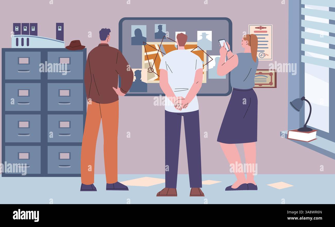 Détectives de groupe dans le bureau regardant sur le comité d'enquête. Agents de police, détective privé au travail. Des gens en civil pensant au crime Illustration de Vecteur