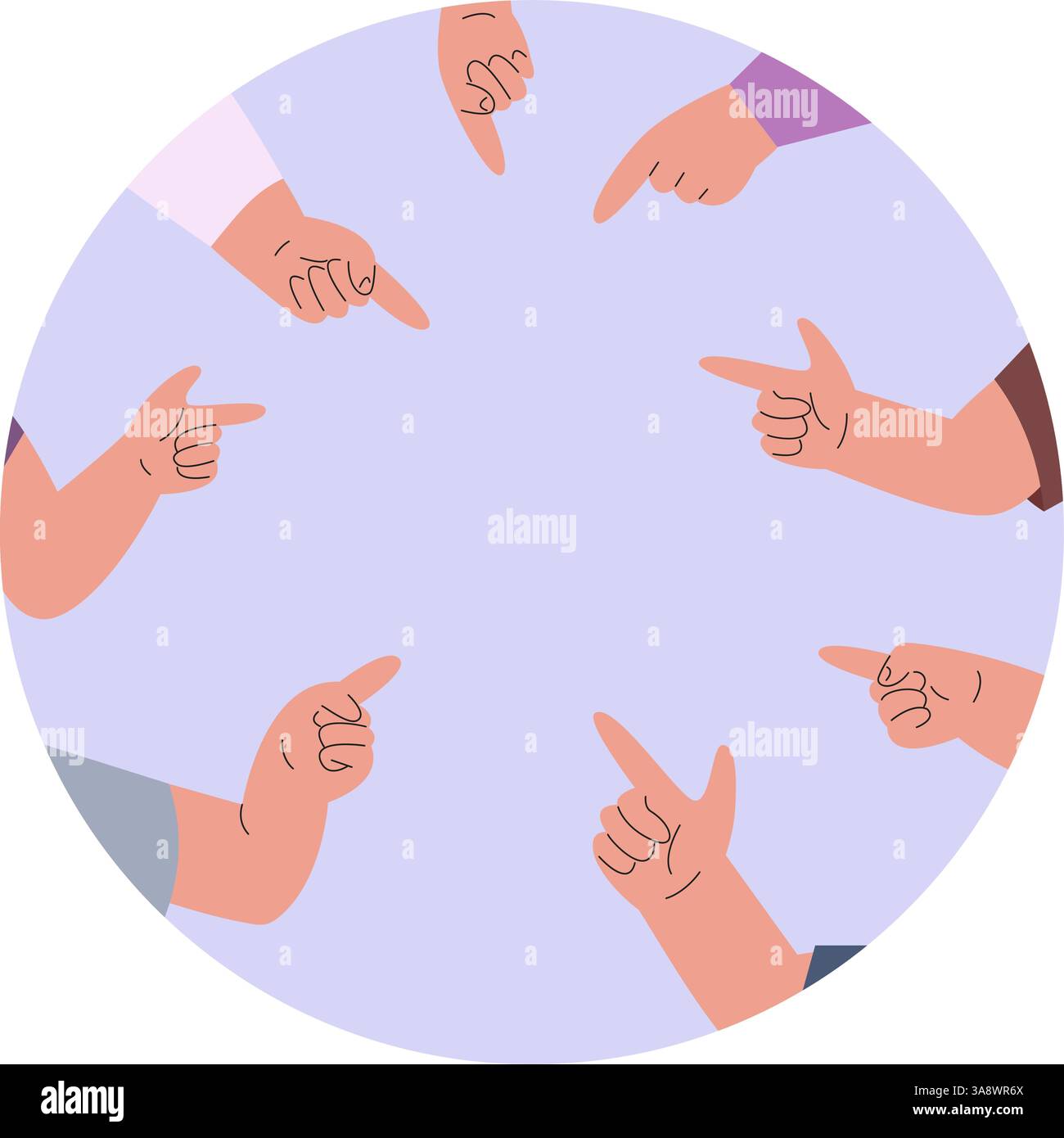 Mains humaines pointant dans le centre vide. Bannière circulaire avec les bras des gens, point sur quelque chose. Modèle pour l'annonce, affiche médicale d'éducation, élément vectoriel Illustration de Vecteur