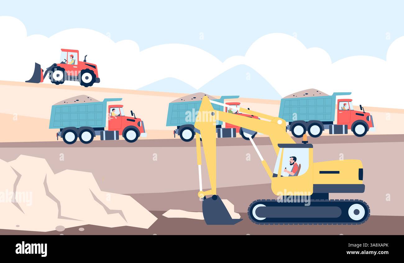 Équipement et véhicule lourd en carrière. Transport minier avec chauffeurs, bulldozer et camions. Fosse de sable, ouvriers professionnels en uniforme, vecteur récent Illustration de Vecteur