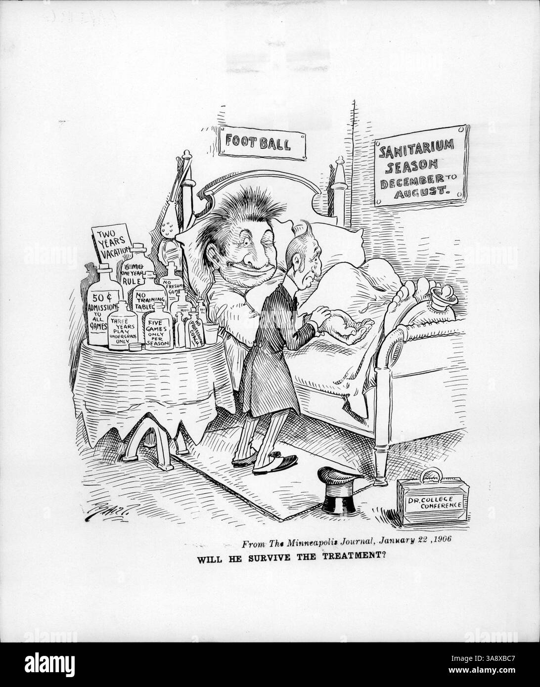 Cette caricature politique examine la rugosité excessive dans le football au cours des années 1940, illustrant les préoccupations concernant les blessures et les solutions potentielles envisagées, y compris les limites sur les jeux et l'entraînement professionnel. Banque D'Images