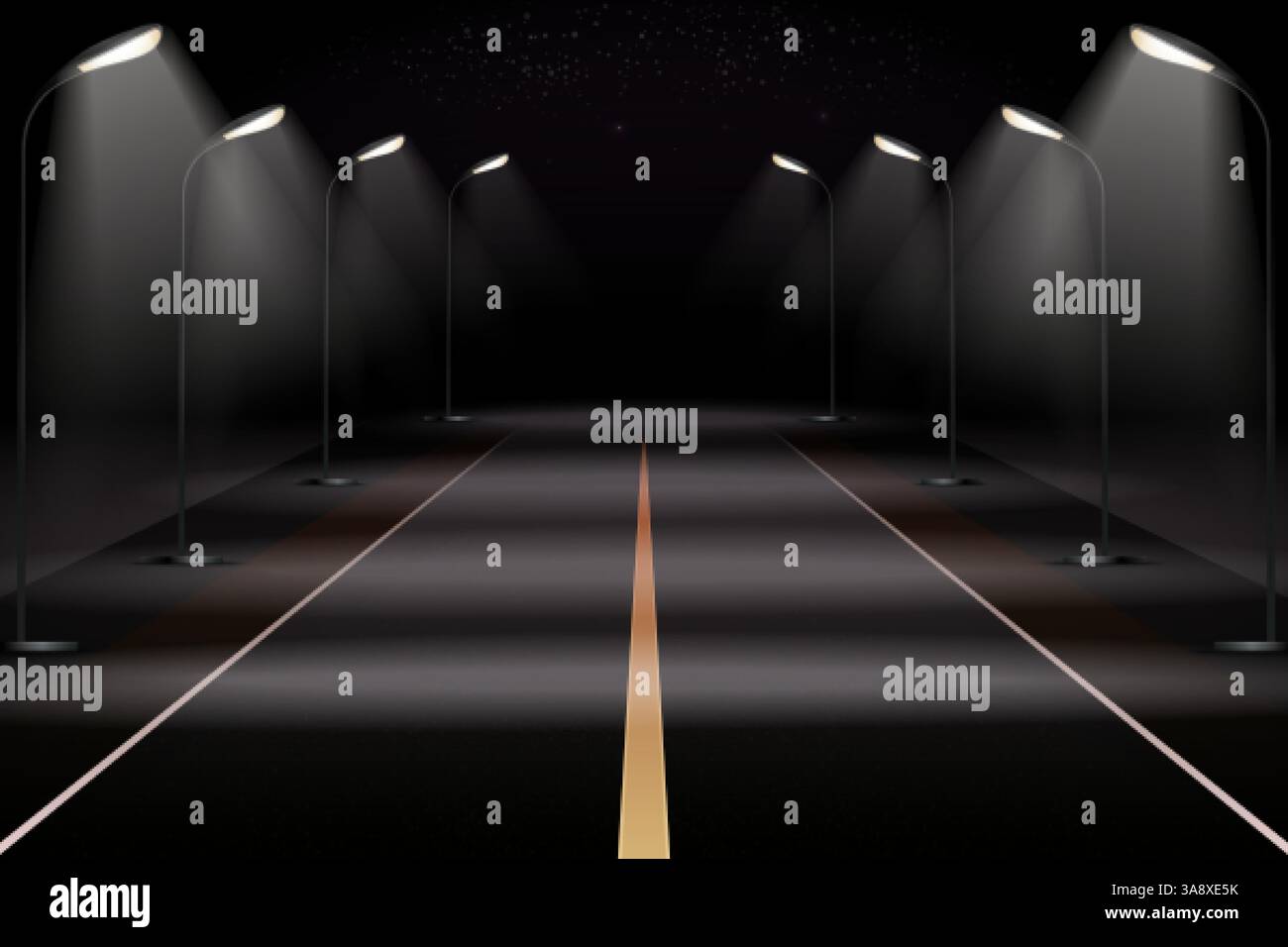 Lampadaires de nuit. Route d'autoroute réaliste asphalte rue de ville ruelle sombre avec des lumières LED rangée de lampadaires modernes, poteau de lampe projecteur urbain streetlamp illustration vectorielle exacte illustration originale Illustration de Vecteur