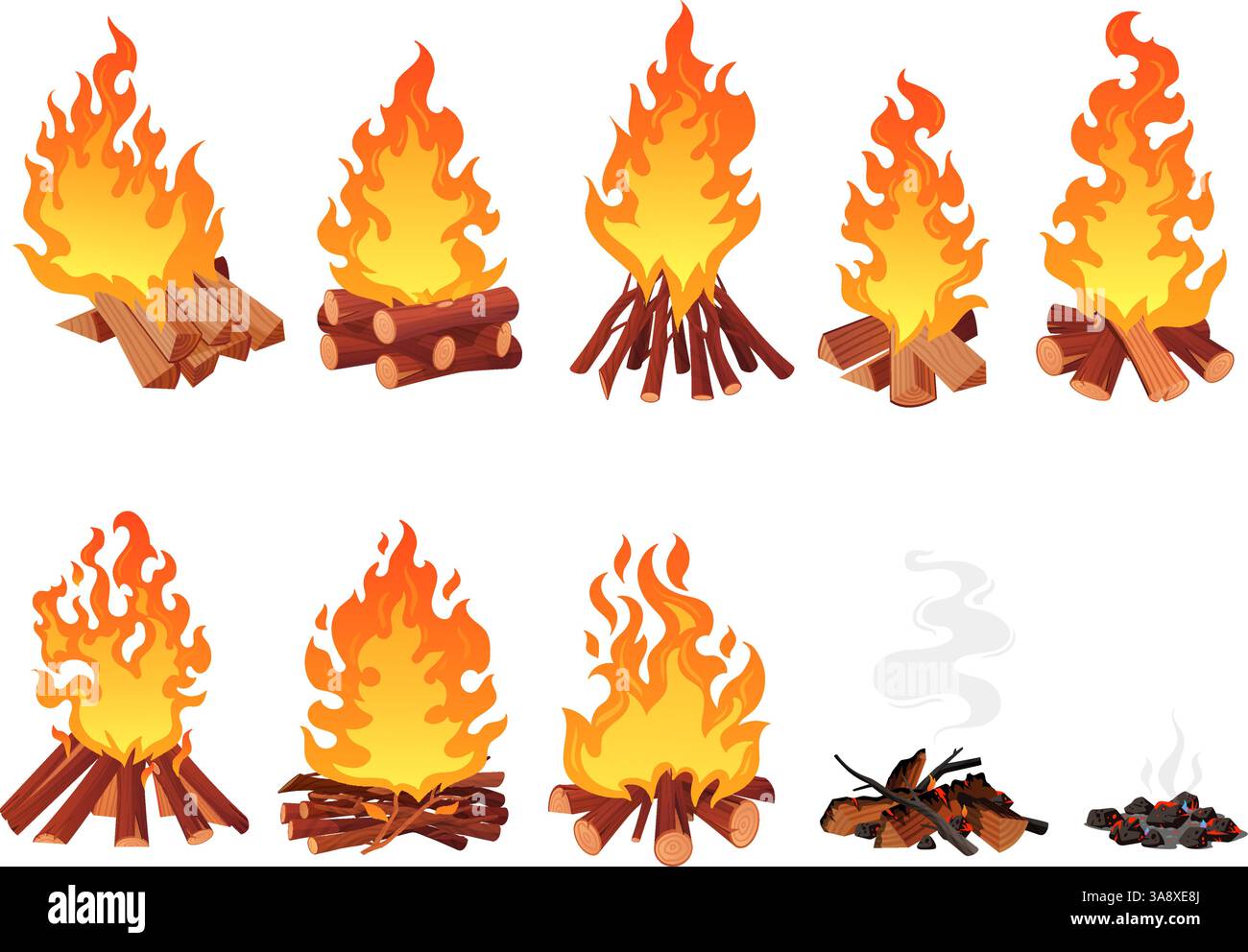 Feu de camp en bois. Bois de chauffage de feu de camping, feu de joie de signal sur la cheminée extérieure de plage avec des feux de camp de dessin animé de flamme éteinte de bois ou de bois, illustration vectorielle bien rangée illustration d'art original Illustration de Vecteur