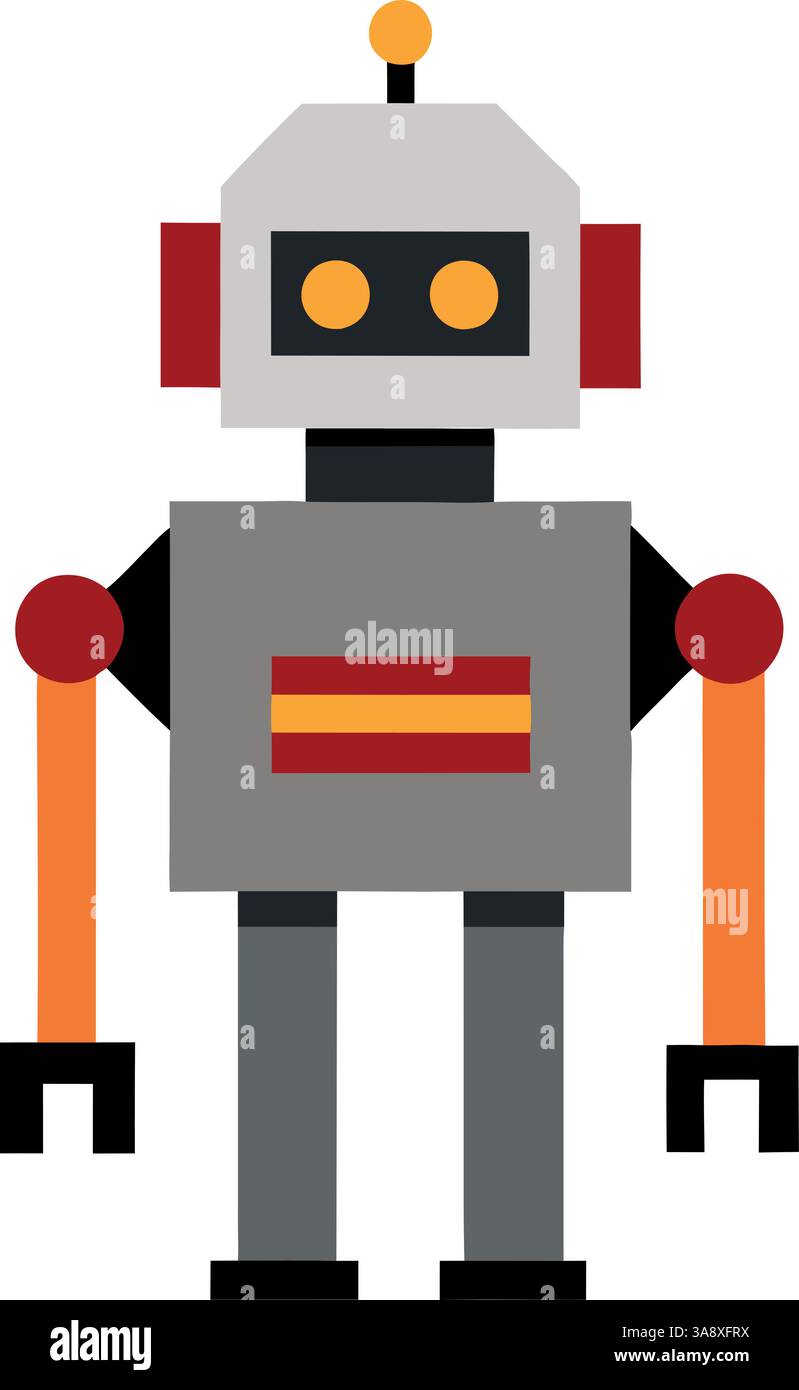 Robot rétro classique avec corps boxy, antenne et bras mécaniques dans le style vectoriel. Illustration de Vecteur