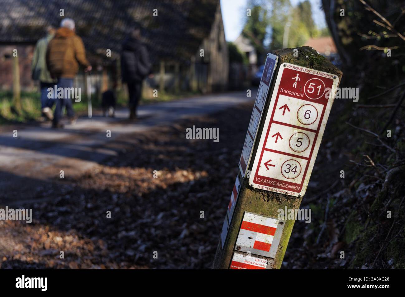 L'illustration montre un panneau indiquant différents itinéraires de randonnée par des nœuds et un panneau de chemin GR longue distance rayé rouge/blanc, samedi 29 mars 2025, à Brakelbos, Brakel, Vlaamse Ardennen (Ardennes flamandes). BELGA PHOTO NICOLAS MAETERLINCK Banque D'Images