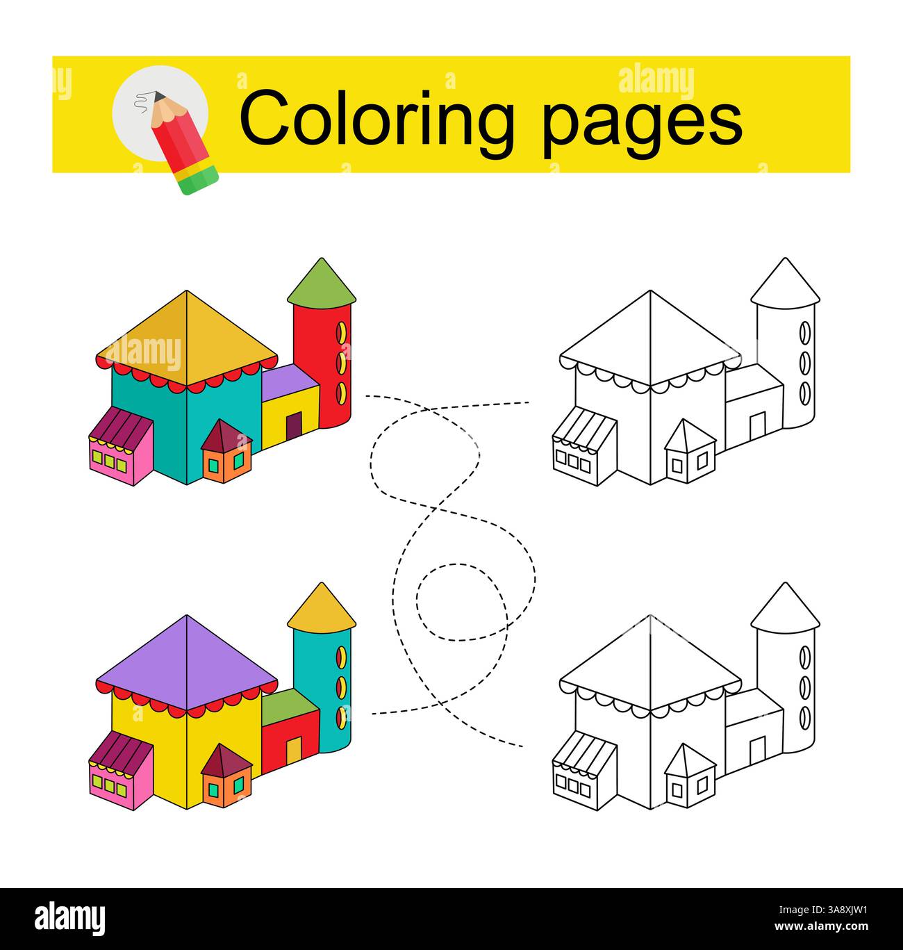 Jeu éducatif pour les enfants. Traversez le labyrinthe et coloriez une maison de dessin animé selon le motif. Illustration vectorielle. Illustration de Vecteur