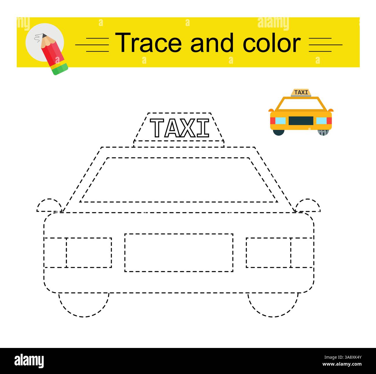 Trace et couleur pour les enfants. Feuille de travail préscolaire pour pratiquer la motricité fine. Taxi de dessin animé. Conception plate. Illustration de Vecteur